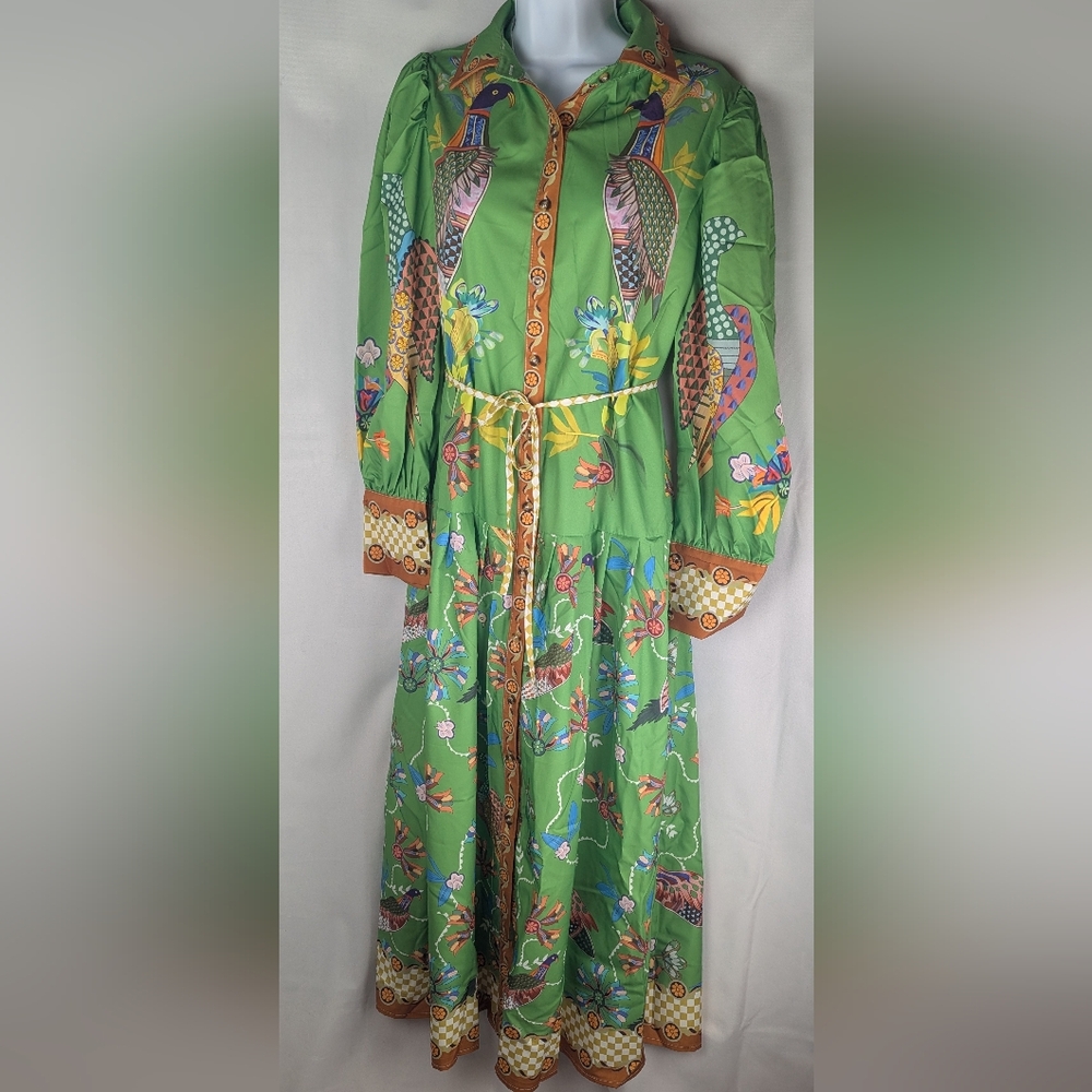 Retro Lantern Sleeve Printed Long Sleeved Pleated Dress for Women